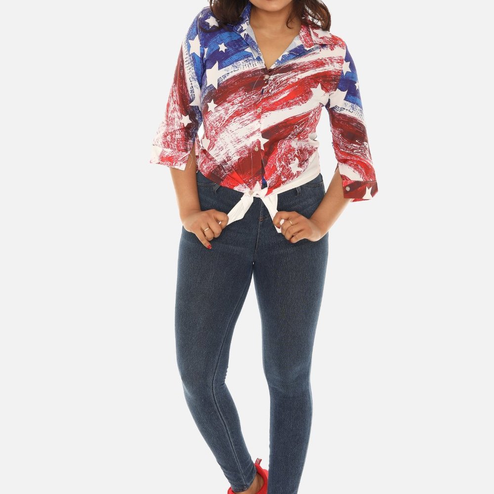 American Flag Print Button-Down Shirt for Women - Picture 3 of 6